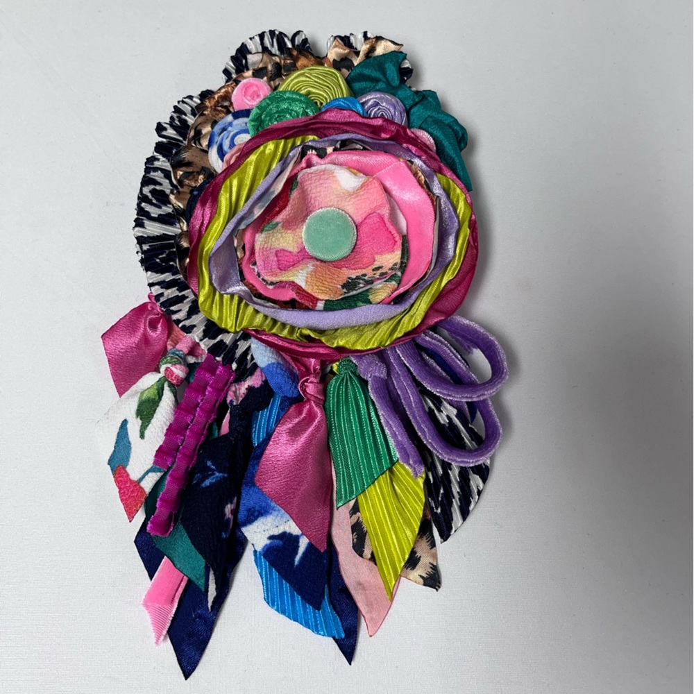 Pink and Navy Funky Floral Fabric Flower Pin